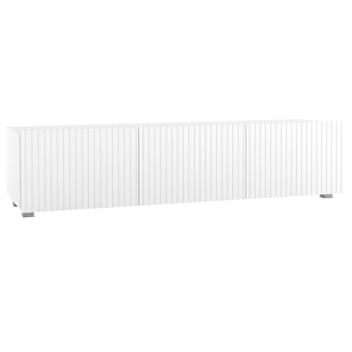 Lomadox Wohnzimmer TV-Board 150 cm Breite mit Rillenfront in weiß matt, 3 Softclose-Türen wandhängend oder mit Füßen montierbar grifflos von Lomadox