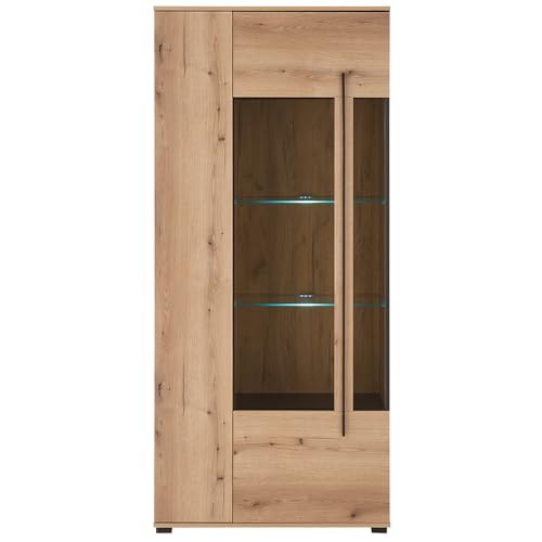 Lomadox Wohnzimmer-Vitrine 90 cm breit Vitrinenschrank Wohnzimmerschrank in Eiche inkl. LED Glasbodenbeleuchtung von Lomadox