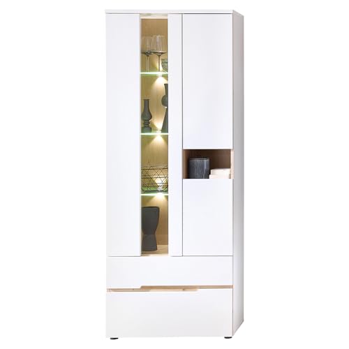 Lomadox Wohnzimmer Vitrine Vitrinenschrank mit 75 cm Breite in weiß supermatt und Eiche, inkl. LED-Beleuchtung von Lomadox