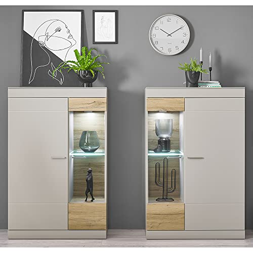Lomadox Wohnzimmer Vitrinen 2er Set in grau matt Eiche modern mit Beleuchtung, B/H/T ca. 200/139/35cm von Lomadox