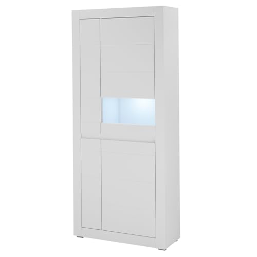 Lomadox Wohnzimmer-Vitrinenschrank 85 cm breit, modern, mit LED Beleuchtung, in weiß matt mit wechselbarer Griffleiste, 4-türig mit Softclose Lomadox Wohnzimmer-Vitrinenschrank 85 cm breit, modern, mit LED Beleuchtung, in weiß matt mit wechselbarer Griffleiste, 4-türig mit Softclose von Lomadox