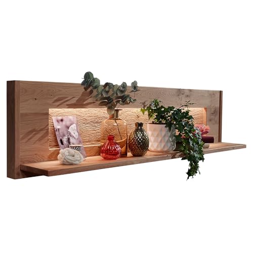 Lomadox Wohnzimmer Wandboard Wandregal mit 123 cm Breite in Eiche massiv geölt, inkl. LED-Beleuchtung, Massivholz/Echtholz, Softclose, grifflos von Lomadox