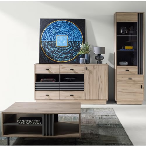 Lomadox Wohnzimmermöbel-Set mit Sideboard, Vitrine & Couchtisch in Eiche mit anthrazitfarbenen Akzenten, modern 3-teilig von Lomadox