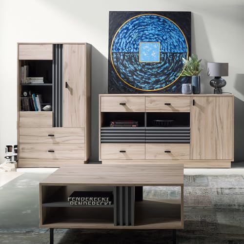 Lomadox Wohnzimmermöbel-Set mit Sideboard, Vitrine & Couchtisch in Eiche mit anthrazitfarbenen Akzenten, modern 3-teilig von Lomadox