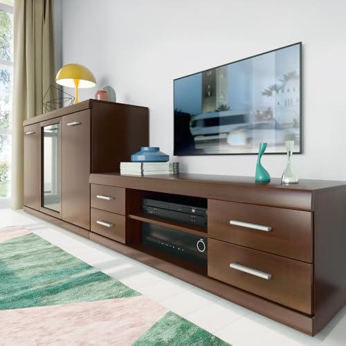 Lowboard und Sideboard Wohnzimmer Möbel Set Nussbaum Wohnwand Fernsehwand klassisch TV Schrank Highboard Vitrine von Lomadox
