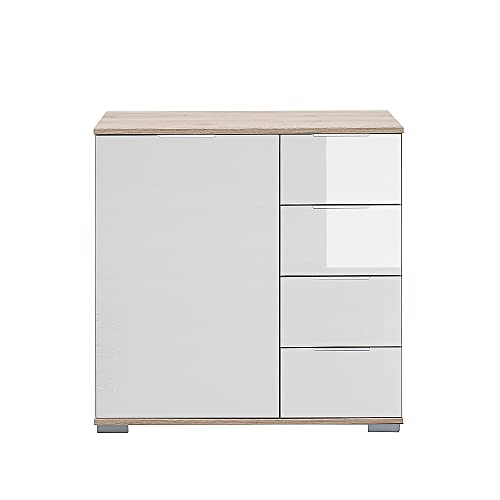 Schlafzimmer Kommode in Eiche sägerau Nb. mit weißem Glas, B/H/T ca. 81/83/41 cm von Lomadox