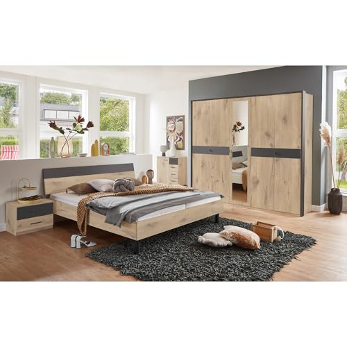 Schlafzimmer Komplett Set 5-teilig, Bett 180x200 cm, 2X Nachtschrank, 1 Kleiderschrank, 1 Kommode in Eiche mit Graphit von Lomadox