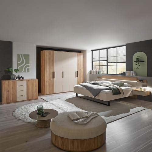 Schlafzimmer Komplett Set in Eiche mit Kaschmir, Bettanlage 180x200cm mit 2 Nachtkommoden, Kopfteil mit LED & Kleiderschrank mit 2 Kleiderstangen & Kommode mit Softclose-Funktion Schlafzimmer Komplett Set in Eiche mit Kaschmir, Bettanlage 180x200cm mit 2 Nachtkommoden, Kopfteil mit LED & Kleiderschrank mit 2 Kleiderstangen & Kommode mit Softclose-Funktion von Lomadox