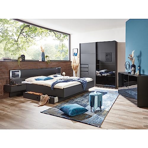 Schlafzimmer Komplett Set mit Bett 160x200cm mit 2er Set Schubkästen, Nachtschrank mit Schublade und LED, Kommode, Schwebetürenschrank in Graphit mit schwarz von Lomadox