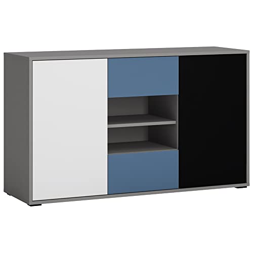 Sideboard, Kommode, Anrichte Jugendzimmer, Kinderzimmer, Schlafzimmer in grau mit schwarz, weiß, blau, B/H/T: ca. 125,7/74,2/40 cm Sideboard, Kommode, Anrichte Jugendzimmer, Kinderzimmer, Schlafzimmer in grau mit schwarz, weiß, blau, B/H/T: ca. 125,7/74,2/40 cm von Lomadox