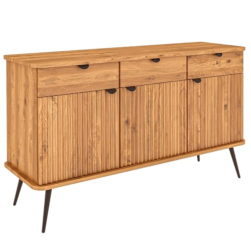 Sideboard 144 cm breit in Eiche massiv geölt 3 Schubladen 3-türig gerillte Front Stahlgriffe schwarz matt Kommode Anrichte von Lomadox