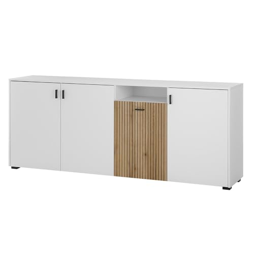 Sideboard Anrichte Kommode Schrank Wohnzimmerschrank weiß matt Eiche gerillt 200x79,6x42 cm von Lomadox