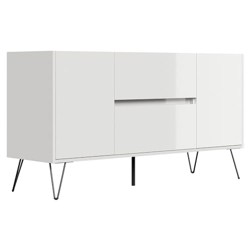 Sideboard Kommode, 139 cm breit, in weiß Hochglanz, Softclose & Push-to-Open, modern, grifflos von Lomadox