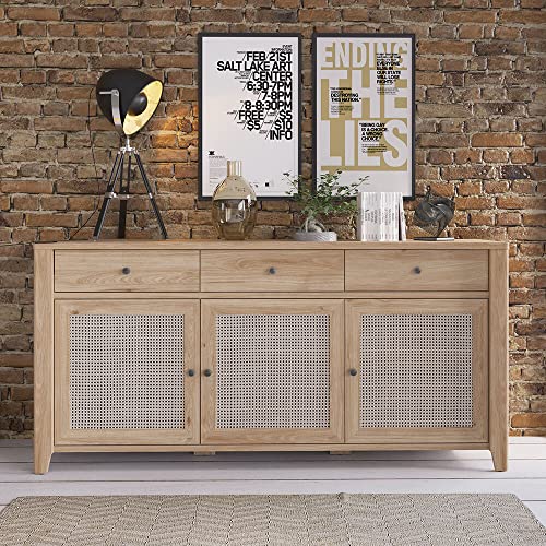 Sideboard Kommode Anrichte mit 3 Schubladen und 3 Türen in Eiche Nb. mit Wiener Geflecht Nb., B/H/T: ca. 188/90,5/42 cm von Lomadox