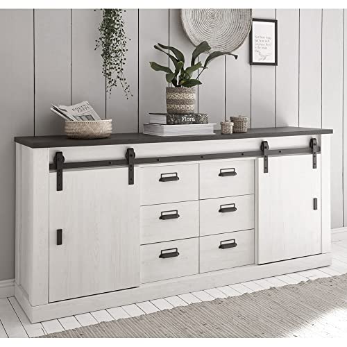 Sideboard Kommode in Pinie weiß Nb. mit anthrazit, B/H/T: ca. 201/91/43 cm von Lomadox