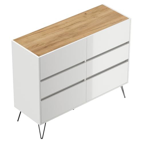 Sideboard Kommode mit 120 cm Breite in weiß Hochglanz mit Eiche, mit 6 Schubladen, Softclose & Push-to-Open, modern, grifflos von Lomadox