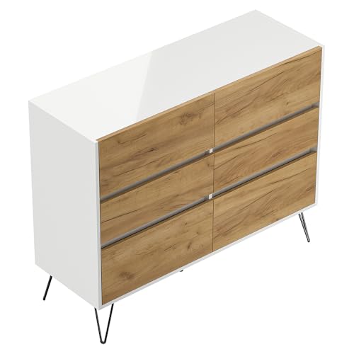 Sideboard Kommode mit 120 cm Breite in weiß Hochglanz mit Eiche, mit 6 Schubladen, Softclose & Push-to-Open, modern, grifflos von Lomadox