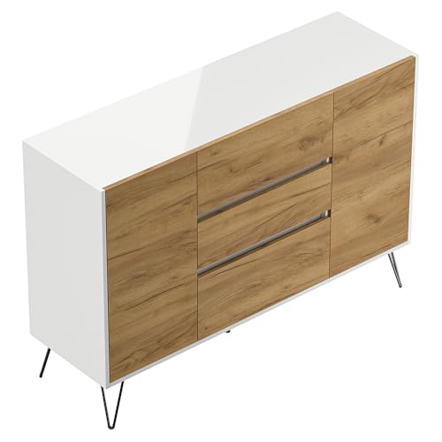 Sideboard Kommode mit 140 cm Breite in weiß Hochglanz mit Eiche, mit 2 Türen und 3 Schubladen, Softclose & Push-to-Open, modern, grifflos von Lomadox