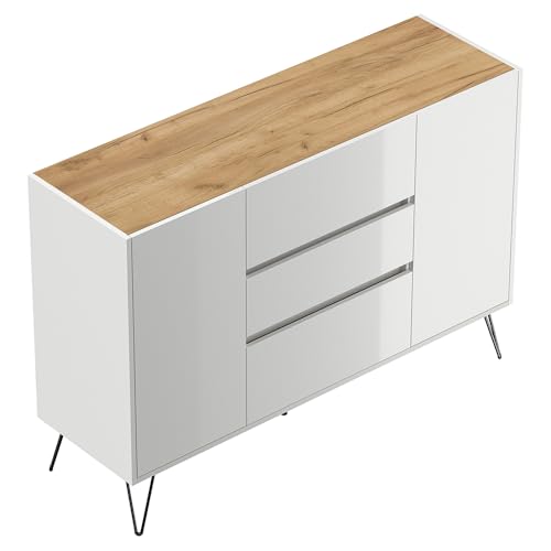 Sideboard Kommode mit 140 cm Breite in weiß Hochglanz mit Eiche, mit 2 Türen und 3 Schubladen, Softclose & Push-to-Open, modern, grifflos von Lomadox
