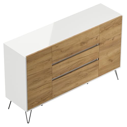 Sideboard Kommode mit 155 cm Breite in weiß Hochglanz mit Eiche, mit 2 Türen und 3 Schubladen, Softclose & Push-to-Open, modern, grifflos von Lomadox