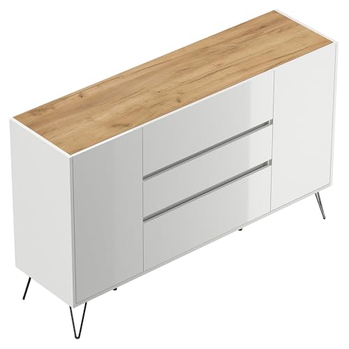 Sideboard Kommode mit 155 cm Breite in weiß Hochglanz mit Eiche, mit 2 Türen und 3 Schubladen, Softclose & Push-to-Open, modern, grifflos von Lomadox