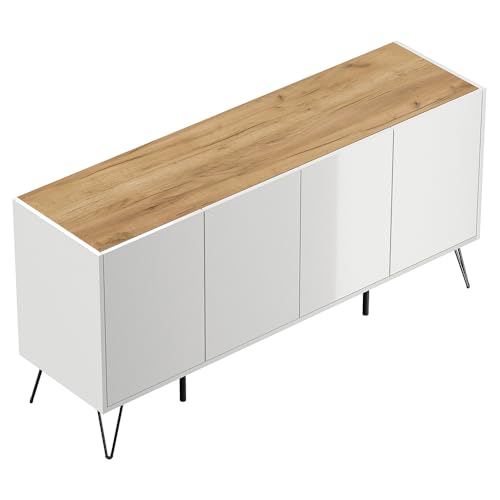 Sideboard Kommode mit 155 cm Breite in weiß Hochglanz mit Eiche, mit 4 Türen, Softclose & Push-to-Open, modern, grifflos von Lomadox