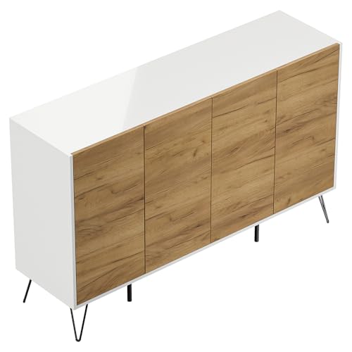 Sideboard Kommode mit 155 cm Breite in weiß Hochglanz mit Eiche, mit 4 Türen, Softclose & Push-to-Open, modern, grifflos von Lomadox