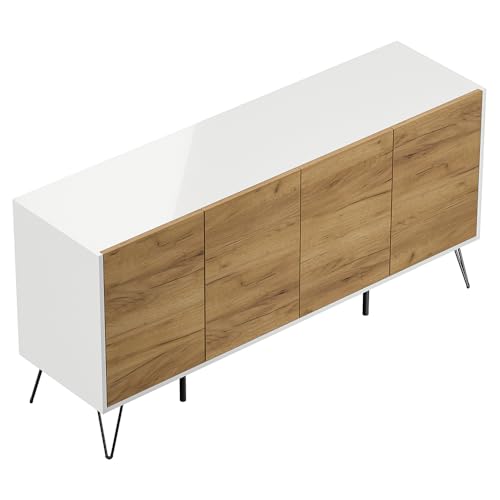 Sideboard Kommode mit 155 cm Breite in weiß Hochglanz mit Eiche, mit 4 Türen, Softclose & Push-to-Open, modern, grifflos von Lomadox