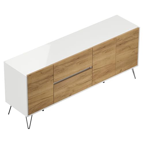 Sideboard Kommode mit 177 cm Breite in weiß Hochglanz mit Eiche, mit 3 Türen und 2 Schubladen, Softclose & Push-to-Open, modern, grifflos von Lomadox