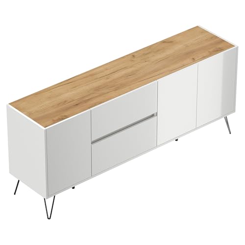 Sideboard Kommode mit 177 cm Breite in weiß Hochglanz mit Eiche, mit 3 Türen und 2 Schubladen, Softclose & Push-to-Open, modern, grifflos von Lomadox