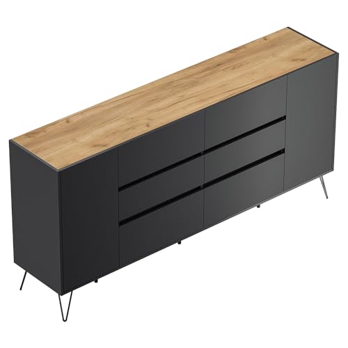 Sideboard Kommode mit 199 cm Breite in Graphit mit Eiche, mit 2 Türen und 6 Schubladen, Softclose & Push-to-Open, modern, grifflos Sideboard Kommode mit 199 cm Breite in Graphit mit Eiche, mit 2 Türen und 6 Schubladen, Softclose & Push-to-Open, modern, grifflos von Lomadox