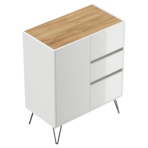 Sideboard Kommode mit 79 cm Breite in weiß Hochglanz mit Eiche, mit 1 Tür und 3 Schubladen, Softclose & Push-to-Open, modern, grifflos von Lomadox
