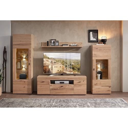 TV-Wohnwand 305 cm Breit in Esche teilmassiv Beleuchtung Vitrine Lowboard Wandboard Holzoptik montiert Softclose von Lomadox