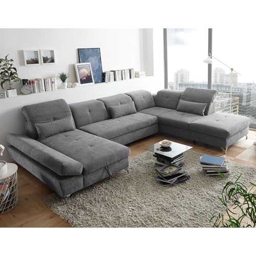 Wohnlandschaft mit verstellbaren Kopfstützen und Schlaffunktion in Mikrovelours dunkelgrau | Sofa in U-Form mit Bettkasten rechts von Lomadox