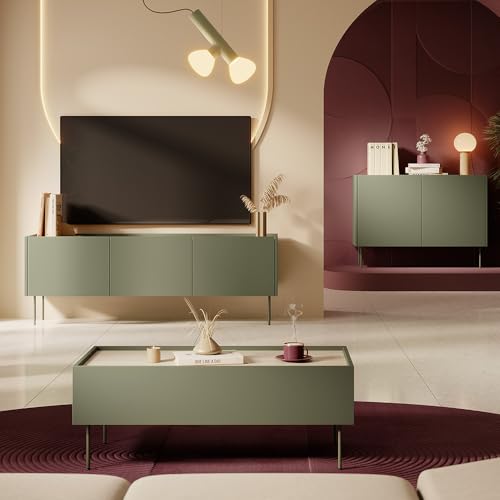 Wohnmöbel Set Wohnwand in olivgrün mit Eiche, 3-teilig mit Couchtisch, Lowboard, Sideboard, modern, grifflos von Lomadox