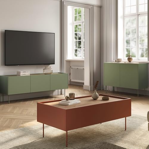 Wohnmöbel Set Wohnwand in olivgrün und rot mit Eiche, 3-teilig mit Couchtisch, Lowboard, Sideboard, modern, grifflos von Lomadox