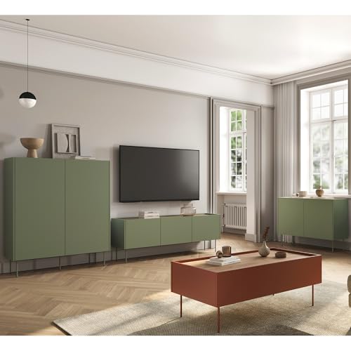 Wohnmöbel Set Wohnwand in olivgrün und rot mit Eiche, 4-teilig mit Couchtisch, Highboard, Lowboard, Sideboard, modern, grifflos von Lomadox
