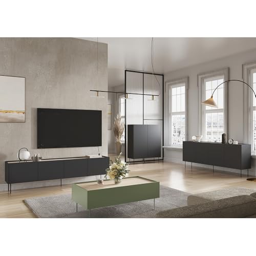 Wohnmöbel Set Wohnwand in schwarz matt und olivgrün mit Eiche, 4-teilig mit Couchtisch, Highboard, Lowboard, Sideboard, modern, grifflos von Lomadox