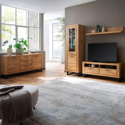 Wohnmöbel-Set Wohnzimmermöbel in Eiche teilmassiv mit 138 cm Lowboard & LED-Beleuchtung, 4-teilig, Echtholz/Massivholz-Fronten, geölt von Lomadox