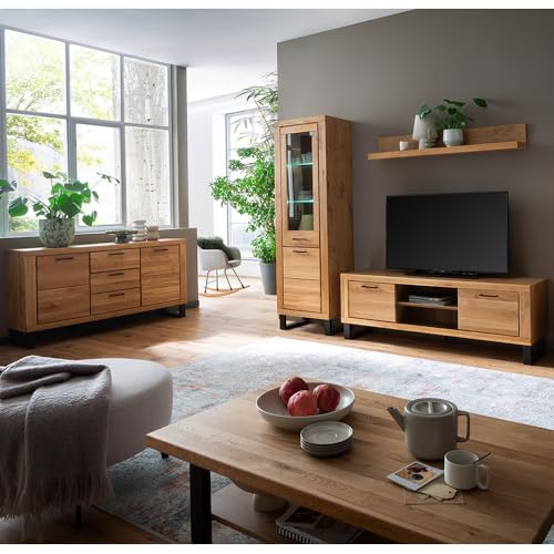 Wohnmöbel-Set Wohnzimmermöbel in Eiche teilmassiv mit Couchtisch, 169 cm Lowboard & LED-Beleuchtung, 5-teilig, Echtholz/Massivholz-Fronten, geölt von Lomadox