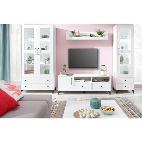 Wohnwand TV-Wand Mediawand Anbauwand weiß Glanz mit Beleuchtung Vitrinenschrank Lowboard Wandboard Vitrine Couchtisch von Lomadox
