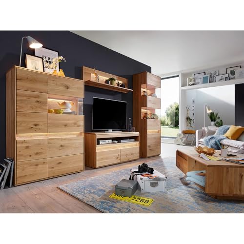 Wohnwand Wohnmöbel Set Eiche massiv geölt mit Couchtisch, Highboard, Wandboard, Lowboard, Vitrine & LED-Beleuchtung, 5-teilig - Echtholz/Massivholz, Softclose, grifflos von Lomadox