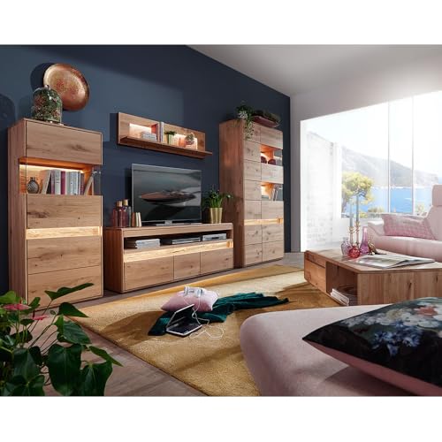 Wohnwand Wohnmöbel Set Eiche massiv geölt mit Couchtisch, Highboard, Wandboard, Lowboard, Vitrine & LED-Beleuchtung, 5-teilig - Echtholz/Massivholz, Softclose, grifflos von Lomadox
