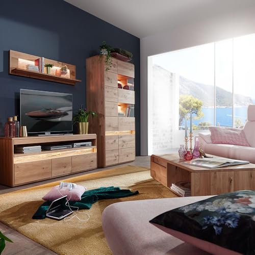 Wohnwand Wohnmöbel Set Eiche massiv geölt mit Couchtisch, Wandboard, Lowboard, Vitrine & LED-Beleuchtung, 4-teilig - Echtholz/Massivholz, Softclose, grifflos von Lomadox