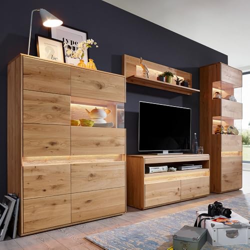 Wohnwand Wohnmöbel Set Eiche massiv geölt mit Highboard, Wandboard, Lowboard, Vitrine & LED-Beleuchtung, 4-teilig - Echtholz/Massivholz, Softclose, grifflos von Lomadox