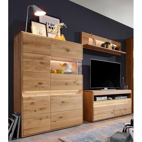 Wohnwand Wohnmöbel Set Eiche massiv geölt mit Highboard, Wandboard, Lowboard & LED-Beleuchtung, 3-teilig - Echtholz/Massivholz, Softclose, grifflos von Lomadox