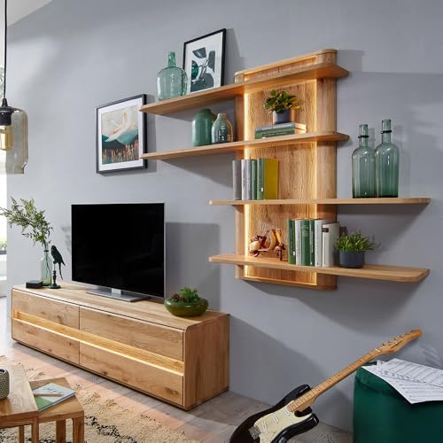 Wohnwand Wohnmöbel Set Eiche massiv geölt mit Lowboard, Hängeregal & LED-Beleuchtung, 2-teilig - Echtholz/Massivholz, Softclose, grifflos von Lomadox