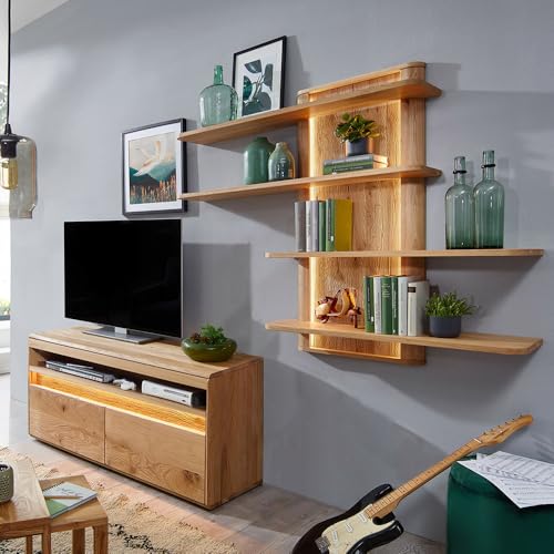 Wohnwand Wohnmöbel Set Eiche massiv geölt mit Lowboard, Hängeregal & LED-Beleuchtung, 2-teilig - Echtholz/Massivholz, Softclose, grifflos von Lomadox