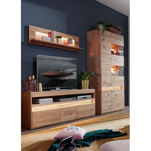 Wohnwand Wohnmöbel Set Eiche massiv geölt mit Wandboard, Lowboard, Vitrine & LED-Beleuchtung, 3-teilig - Echtholz/Massivholz, Softclose, grifflos von Lomadox