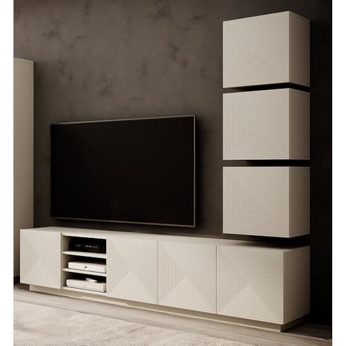 Wohnwand Wohnmöbel Set Kaschmir mit gerillter Front 4-teilig, Lowboard, 3 Hängeschränke grifflos, Push-to-Open von Lomadox